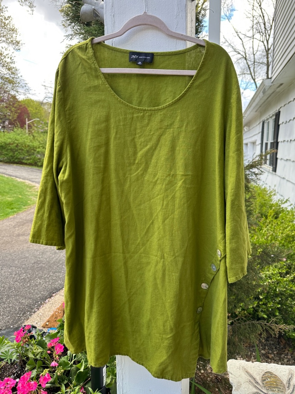 Jones New York Olive Scoop Neck Tunic with Side Button Detail 3/4 SLEEVES